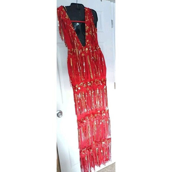 Banjul Sequin Mesh Maxi Dress Gown Size Small Red Gold Party Cocktail Sparkly - Picture 11 of 11